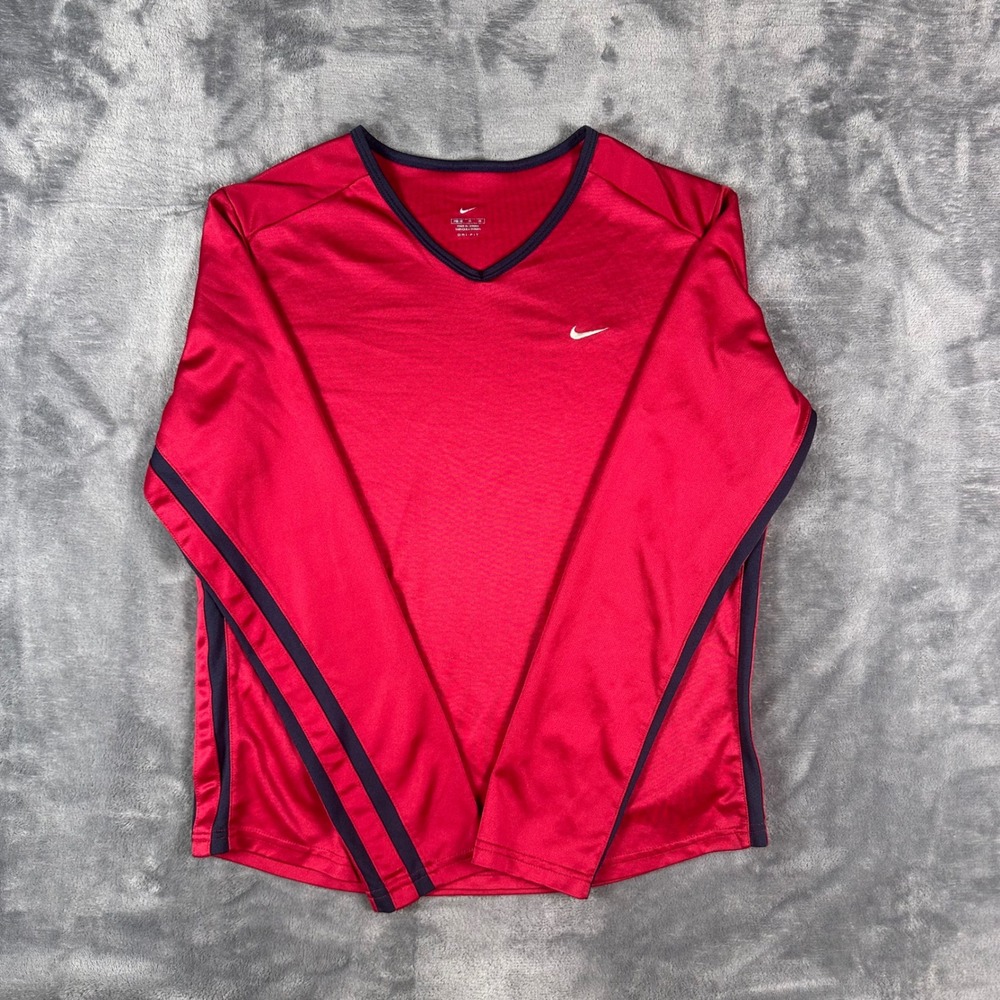 Nike Dri-FIT Mens Red Navy Blue Stripe V-Neck Long Sleeve Athletic Shirt Size M